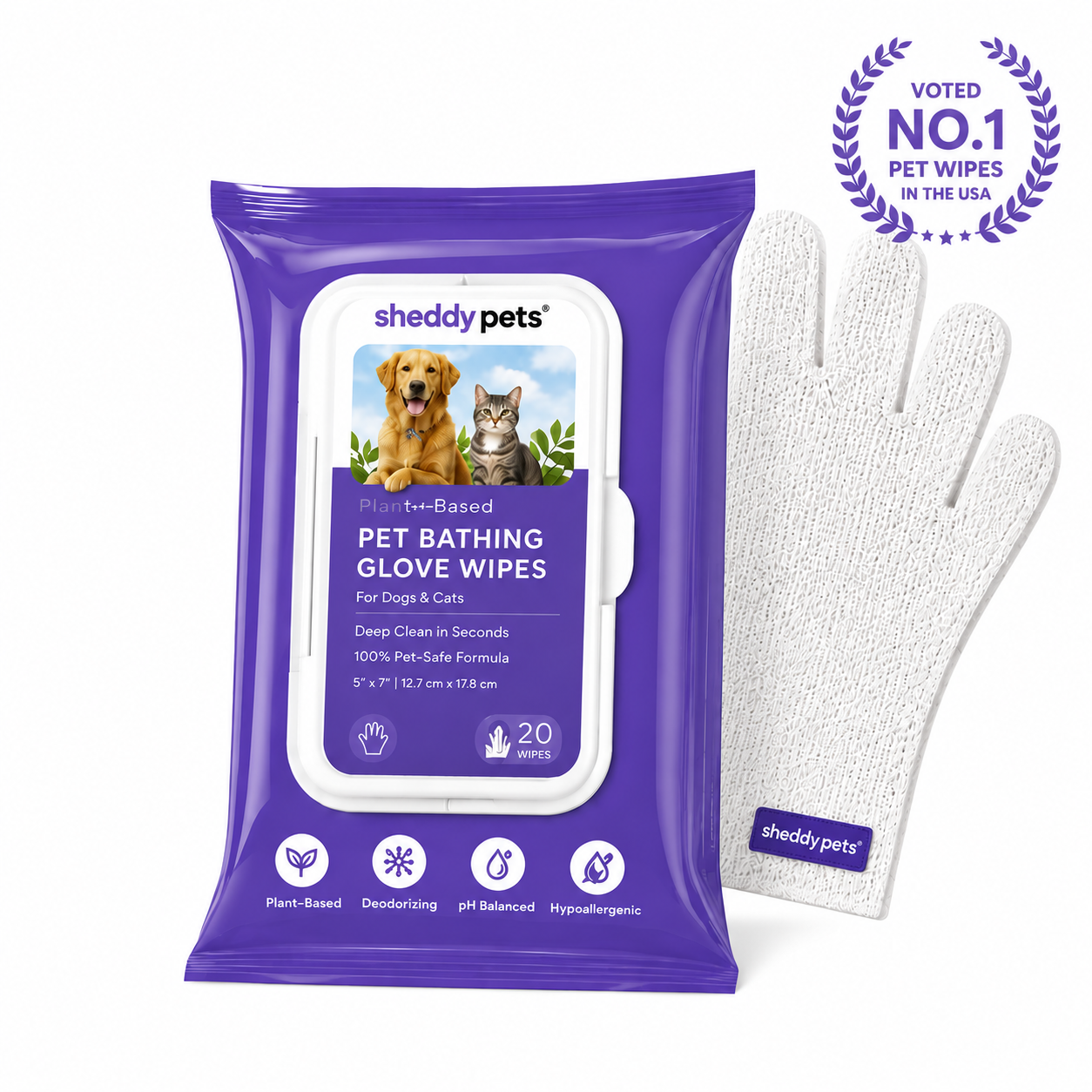 Sheddy Pets® Plant-Based Pet Bathing Glove Wipes