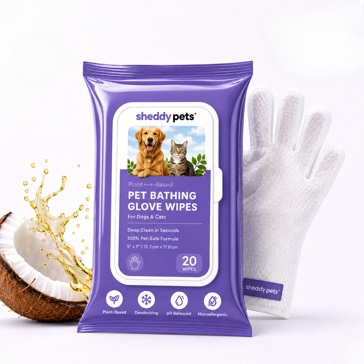 Sheddy Pets® Plant-Based Pet Bathing Glove Wipes